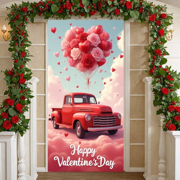 Red Color Valentine Banner Heart Balloons Love Display Rose Decorations Vintage Truck Heart Backdrop for Valentine's Day Party Romantic Date Wedding Decoration