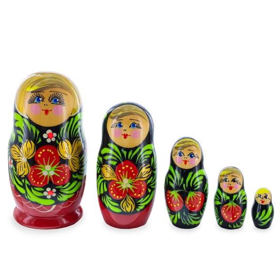 Red Color with Berries and Flowers Wooden Nesting Dolls