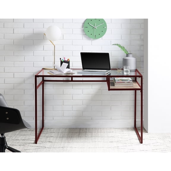 Red Colored Desk With 5mm Clear Glass Top And Metal Base Shelf Finish Open Storage Unit