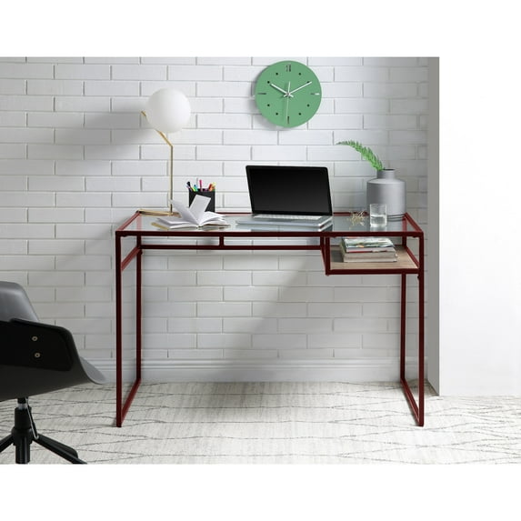 Red Colored Desk With 5mm Clear Glass Top And Metal Frame Storage Sled Base Finish Unit