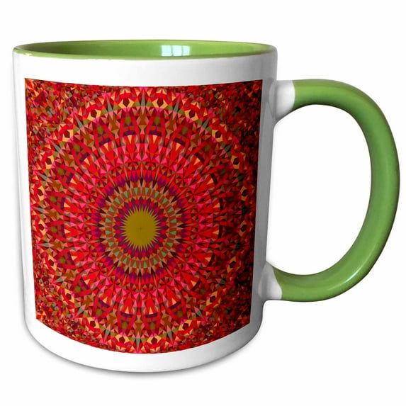 3drose, Red Colorful Polygonal Sun Mandala - Circular Graphic Design, 15oz Two-tone Green Mug