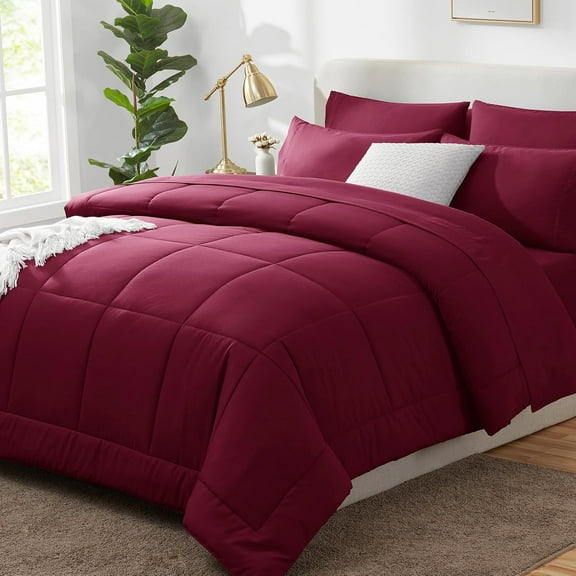 Red Comforter Full Size Sets 7 Pieces Burgundy Bedding Set Bed in a Bag Set Red Comforter Bedding Sets with All Season Quilted Comforter, Flat Sheet, Fitted Sheet, Pillowcases
