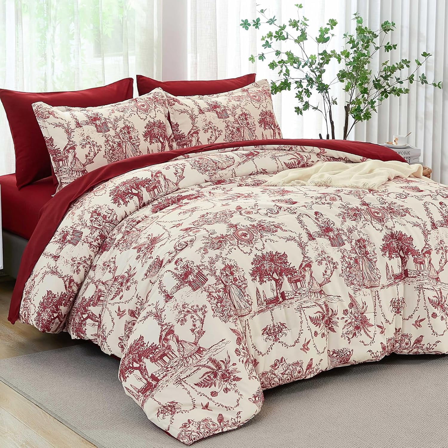 Red Comforter Set King 7 Piece Bed in a Bag Botanical Comforter with ...