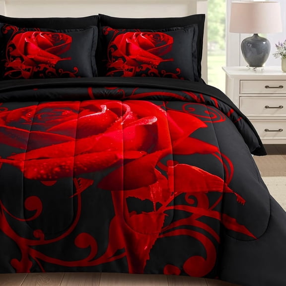 7Pcs Red Rose Comforter Set King,Bedding Sets Bed in a Bag Microfiber Adult(90"X104")