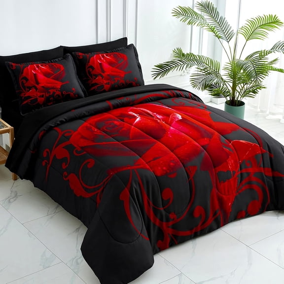 7Pcs Red Rose Comforter Set King,Bedding Sets Bed in a Bag Microfiber Adult(90"X104")