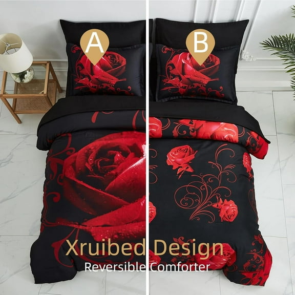 Red Comforter Set Queen 7 Piece Bed in a Bag Red Rose Flower Comforter with Sheet Set Soft Micorfiber Reversible Bedding Set