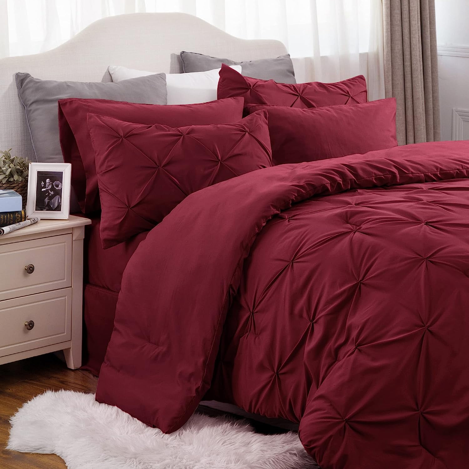 Red Comforter Set Queen Bed in a Bag Queen 7 Pieces, Pintuck Bedding