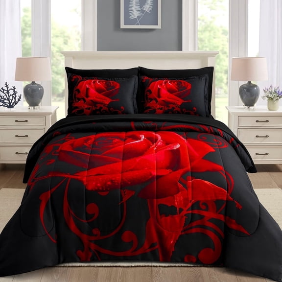 7Pcs Red Rose Comforter Set Queen Bedding Sets Bed in a Bag Microfiber Adult 90"X90"