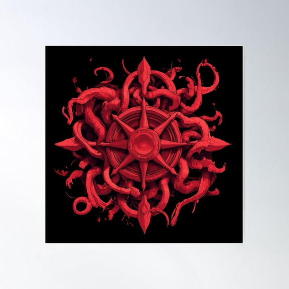 Red Compass With Tentacle Design Poster Wall Art, Modern Wall Decor For Living Room Bedroom, 24x24 UNFRAMED