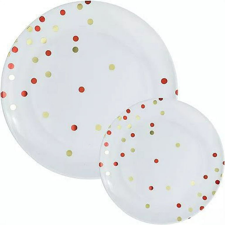 Red Confetti Round Premium Plastic Dinner (10.5in) & Dessert (7.5in) Plates,  20ct 