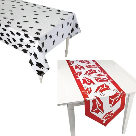 Red Congrats Grad Disposable Table Runner & Tablecloth Decorating Kit  2 pc