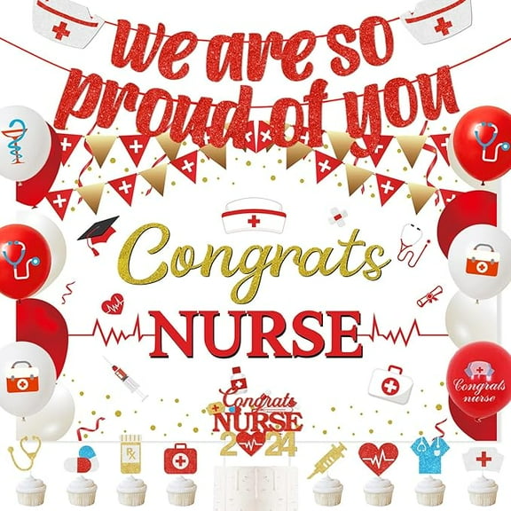 Red Congrats Nurse Party Decorations Class of 2024 Nurse Graduation Decor Glitter We Are so Proud of You Banner Backdrop Cake Toppers Latex Balloons for Congrats Rn Graduation Nursing School Party