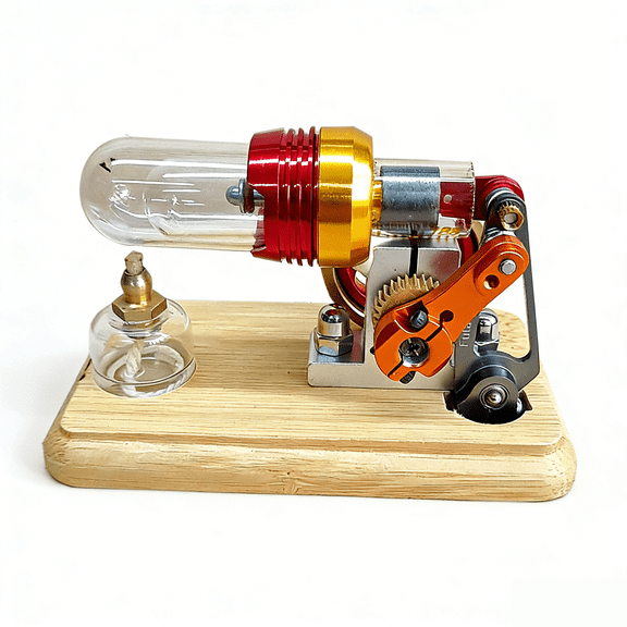 Red Connecting Rod Stirling Engine Model  Compact Heat Powered Mechanical Engine with Quartz Glass Hot Cylinder, Desktop Demonstration for Adults