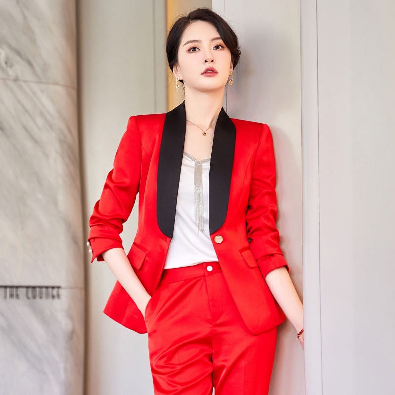 Red Contrast Shawl Collar Wedding Party Evening Suits High-quality 2 Piece  Set for Women Office Lady Elegant Satin Lapel Pant Suit - Walmart.com
