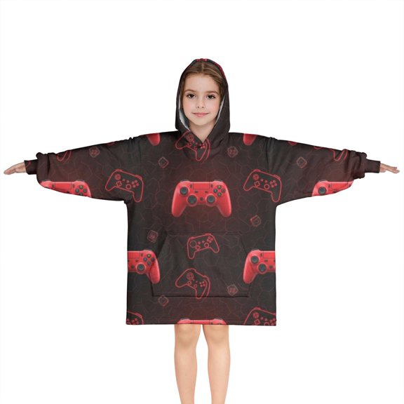 Red Controllers Games Icons Black Pattern Blanket Hoodies for Kids 6-13YR Oversize Wearable Blanket Hoodies for Boys Girls Teens