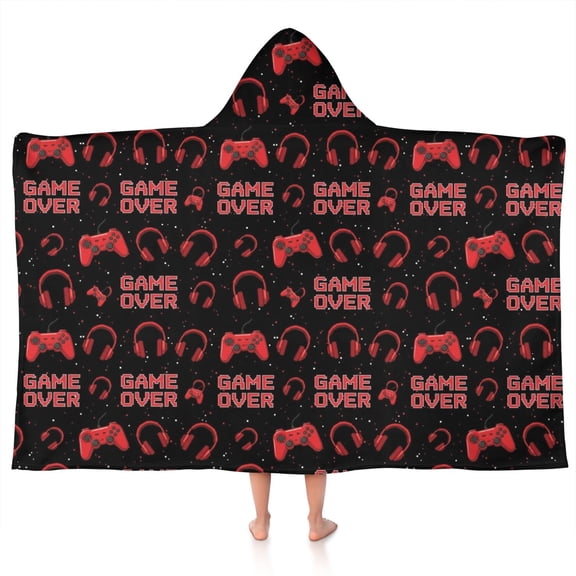 Red Controllers Games Icons Black Pattern Hooded Bath Towel，50"x30" for Ages 3 To 12 Kids, Quick Dry Lightweight Soft Microfiber Hood Beach Towel Cover Up for Kids
