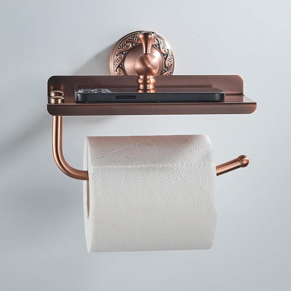 Red Copper Bath Toilet Paper Holder with Phone Shelf, Wall Mounted Bathroom Hardware Accessories, Pattern Carving Design