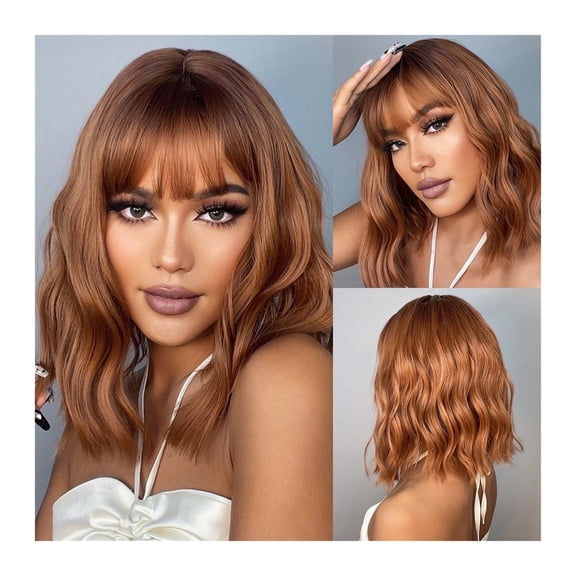 Red Copper Synthetic Wigs with Bangs Medium Water Wave Natural Bob Daily Hair Wigs for Women Heat Resistant