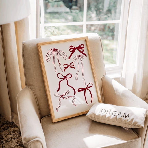 Red Coquette Room Decor Maroon Bow Ribbon Wall Art Poster Retro French Dorm Aesthetic Moody Design1 Poster, Unframed Size 8x12