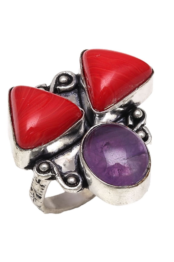 Red Coral Amethyst Gemstone Handmade Women's 925 Silver Jewelry Rings "6.5"