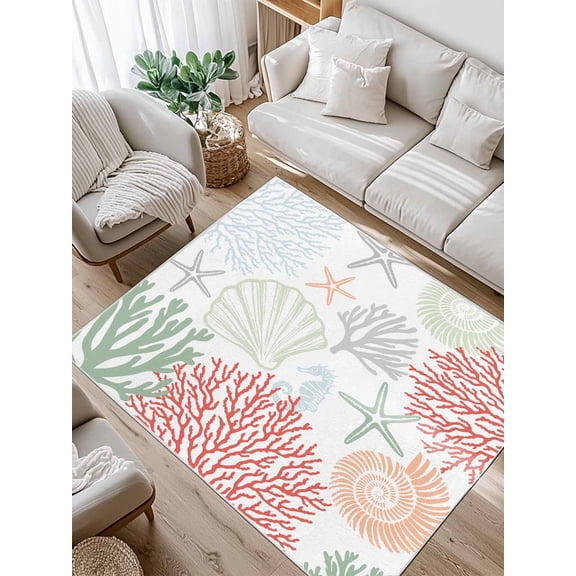 Red Coral Area Rug for Bedroom 3x5 Ft Sage Green Starfish Ocean Coastal Seashell Super Soft fuzzy Throw Rug Non-Slip Fluffy Plush Indoor Floor Carpet for Living Room Nursery Home Decor