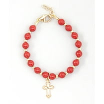 Red Coral Austrian Pearls with 14KT Gold Filled Mini Beads and Cross Charm Bracelet
