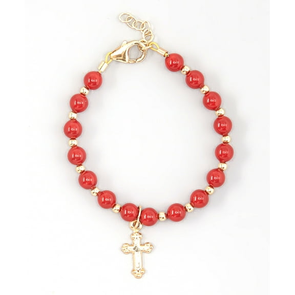 Red Coral Austrian Pearls with 14KT Gold Filled Mini Beads and Cross Charm Bracelet