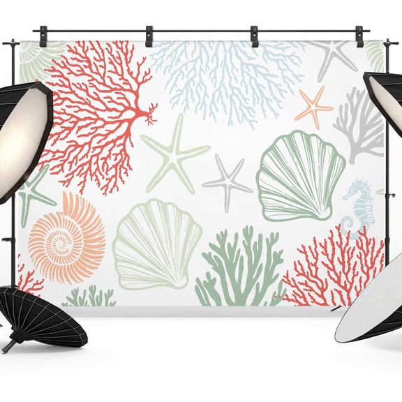 Red Coral Backdrop for Photography, Sage Green Starfish Ocean Coastal Seashell Photo Backdrop Portrait Background Party Banner Photo Backgrounds for Studio Booth Props, 12x8ft