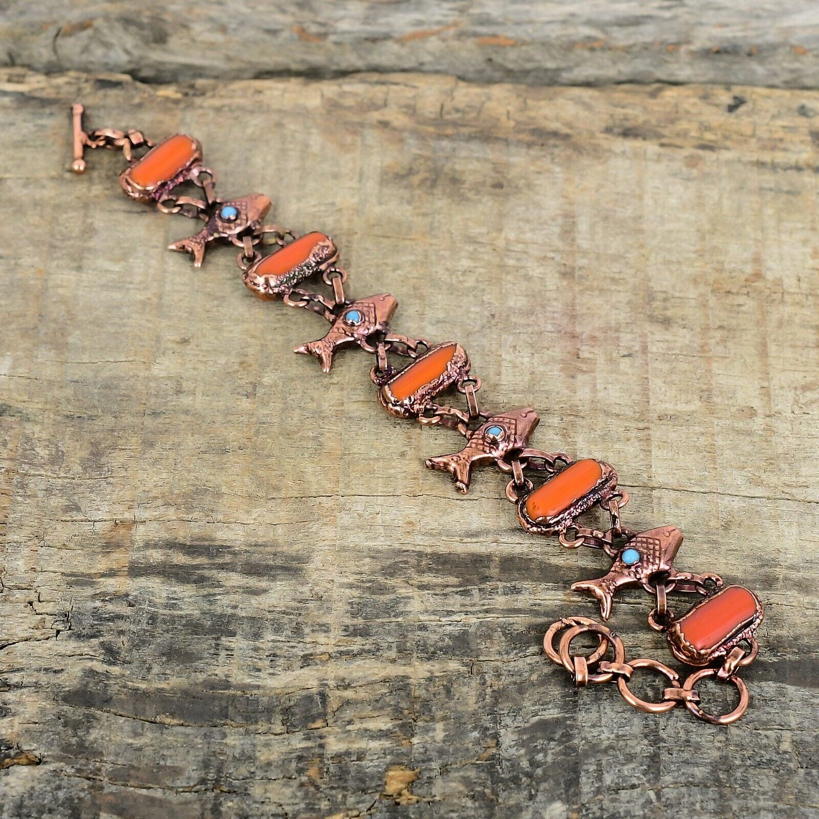 KALKA JEWELS Red Coral Bracelet Electroformed Copper Adjustable Chain Bracelet Fish Bracelet