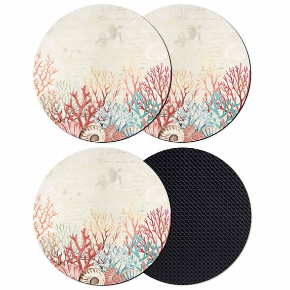 Red Coral Coastal Coasters Set of 4, Absorbent Coasters for Drinks, Summer Beach Ocean Shells Starfish Turtle Coaster for Desk Coffee Table Protection, Home Decor House Warming Gifts 4"