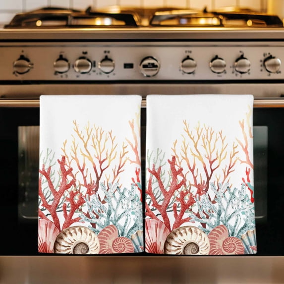Red Coral Coastal Kitchen Towels Set of 4, Summer Beach Shells Starfish Ocean Absorbent Dish Towels for Kitchen, Microfiber Hand Towel, Quick Drying Tea Towel for Cleaning Decorative Dishcloths