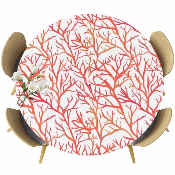 Red Coral Coastal Round Tablecloth 36-44 Inch Round Fitted Table Cloth with Elastic Edge, Summer Beach Nautical Ocean Sea Waterproof Table Cover Protector for Outdoor Picnic Party Dining