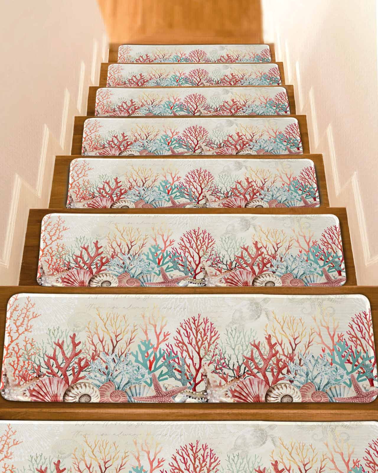 Red Coral Coastal Stair Treads for Wooden Steps Indoor Runner Rug ...