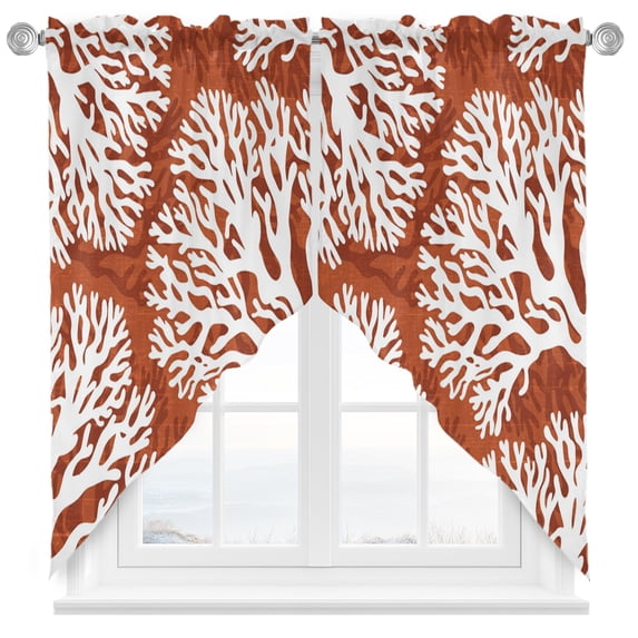 Red Coral Coastal Swag Curtains Valance For Kitchen Windows, White Summer Beach Ocean Seaside Wide Rod Pocket Curtain Drapes, Bathroom Cafe Living Room Light Filtering Drapery Panels, 72"W x 63"H