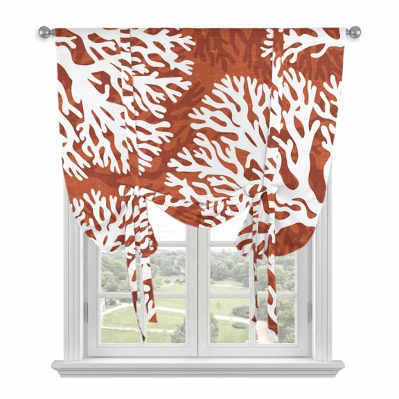 Red Coral Coastal Tie Up Curtains for Kitchen Windows,Adjustable Rod Pocket Valance 45 Inch Short, White Summer Beach Ocean Seaside Window Treatment Balloon Roman Blind Shade, 52" x 45"