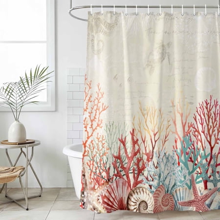 Red Coral Coastal Waterproof Fabric Shower Curtain,Summer Beach Ocean Shells Starfish Turtle Waterproof Fabric Shower Curtain for Bathroom Bathtubs Shower Curtains with 12 Hooks Extra Long 72x84