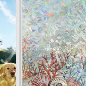 Red Coral Coastal Window Privacy Film Stain Glass,Decorative Rainbow Window Film,Summer Beach Ocean Shells Starfish Turtle Static Cling Sun Blocking Stickers Decals Covers 19.6" x 39.3" (2pcs)
