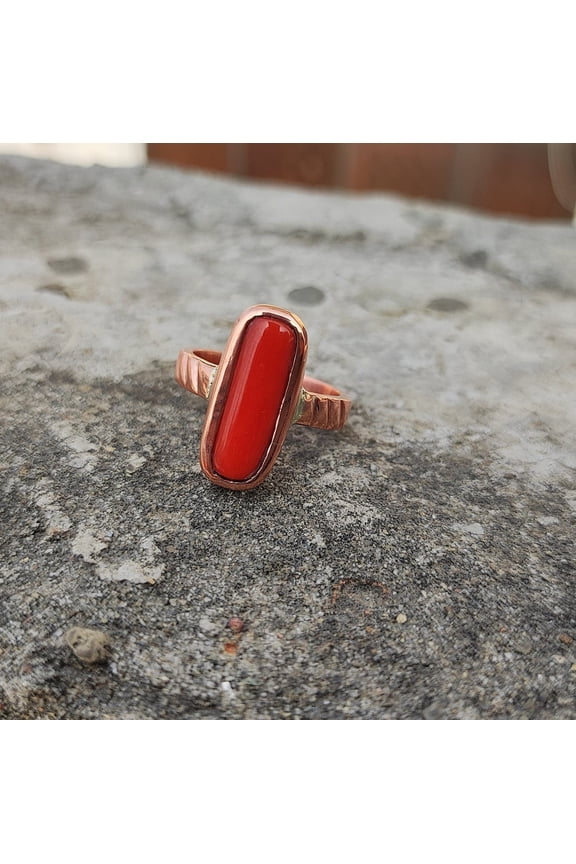 Red Coral Copper Ring: Cylindrical Gemstone, Unisex Astrology Jewelry