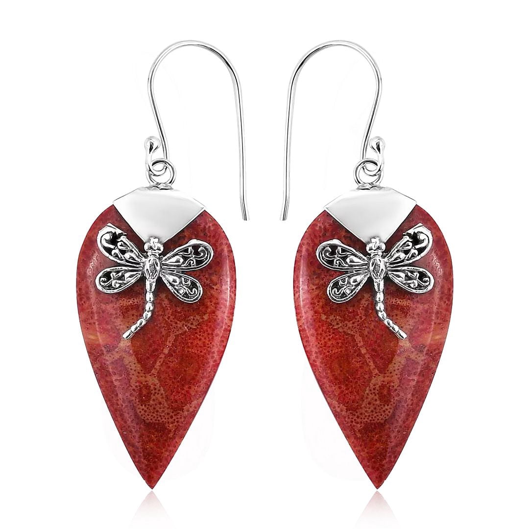 Red Coral Gemstone Earrings for Women in 925 Sterling Silver - Dangling Drop Fashion Earrings Handmade Birthstone Vintage Boho Jewelry Birthday Christmas Gifts