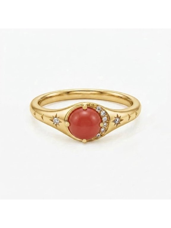 Red Coral & Diamond Crescent Moon Star Celestial Band Ring, Gold Plated 925 Sterling Silver Ring, Nature Inspired Handmade Ring, Wedding Gift Jewelry
