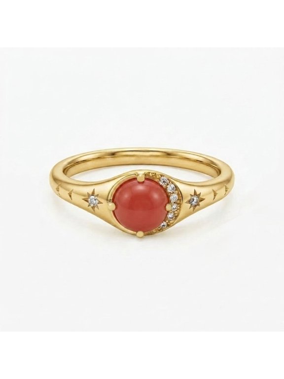 Red Coral & Diamond Crescent Moon Star Celestial Band Ring, Yellow Gold Plated 925 Sterling Silver Ring, Nature Inspired Sterling Silver Handmade Ring, Wedding Gift Jewelry For Her