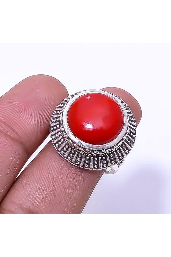 Red Coral Fine Art Oxidised 925 Sterling Silver Ring S.7 R_9421_220_5, Gemstone Jewelry, Birthday Gift, Christmas Gift