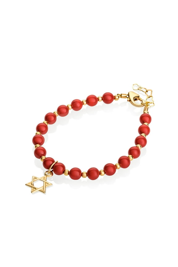 Red Coral Gem Beads with 18kt Gold filled Star of David Bracelet (BGRD)
