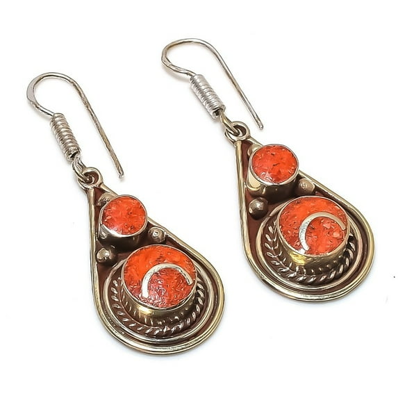 Red Coral Gemstone Earrings Tibetan Handmade Bahamas Nepali Jewelry 2.1" NE 5424