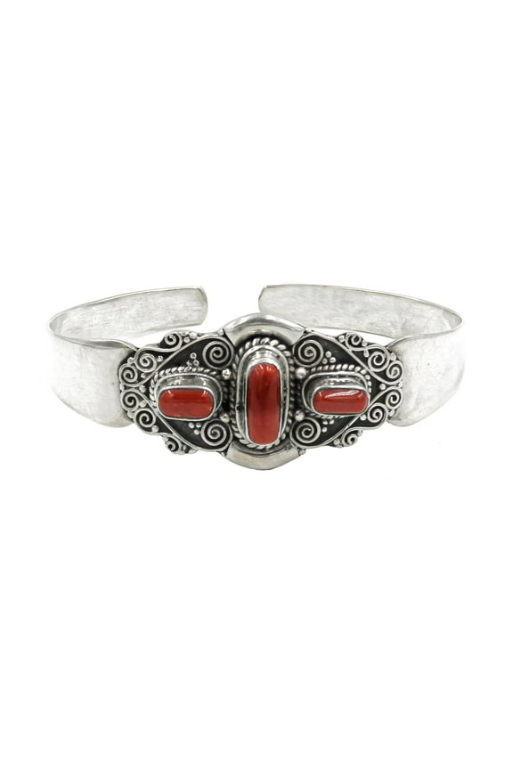 Red Coral Gemstone Real 925 Sterling Silver Fine Handmade Filigree Cuff Bracelet For Women, Tribal Gypsy Design Designer Fashion Bracelet, Party Boho Jewelry
