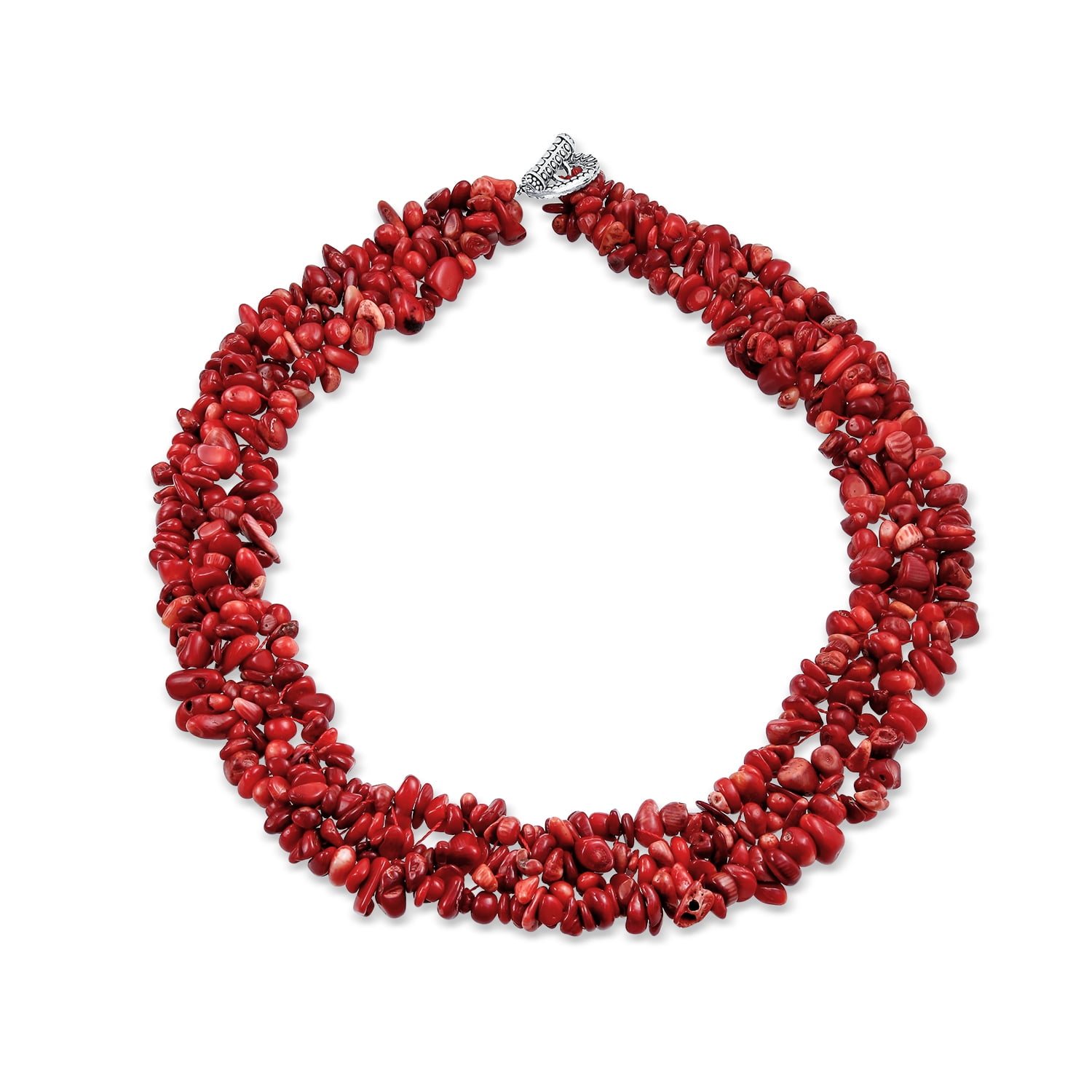 Red Coral Gemstone Statement Multi Strand Necklace Silver Plated