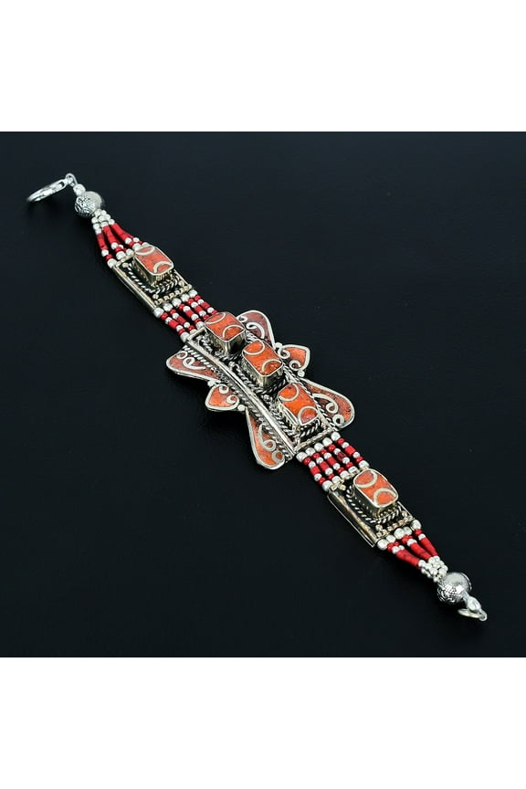 Red Coral Handmade Ethnic 925 Sterling Silver Tibetan Nepali Bracelet 7" VJ 3284