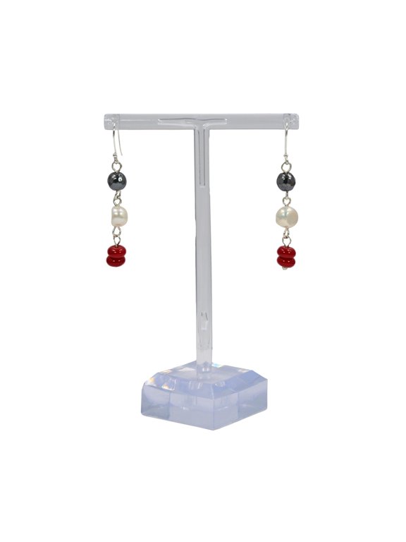 Earrings, Red Coral and Hematite Cultured Pearls, 1 Pair