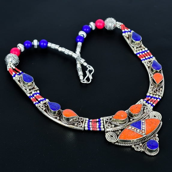 Red Coral Lapis Lazuli 925 Sterling Silver Tibetan Nepali Necklace 18" VJ 6804