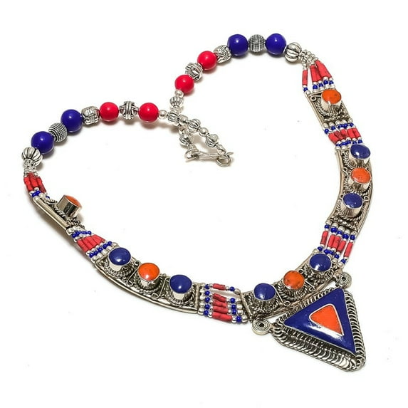 Red Coral Lapis Lazuli Necklace Tibetan Handmade Boho Nepali Jewelry 18" NN 6918
